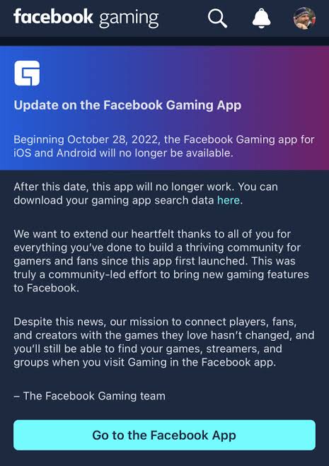 Pengumuman penutupan Aplikasi Facebook Gaming
